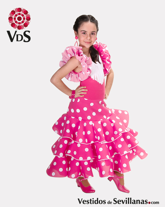 Traje largo de gitana para ni&ntilde;a, rosa con lunares.